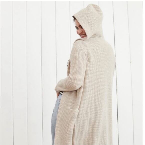 Jenni Kayne EUC Oatmeal Hooded Waffle Cardigan Wool Cashmere Women's Small - Picture 3 of 10